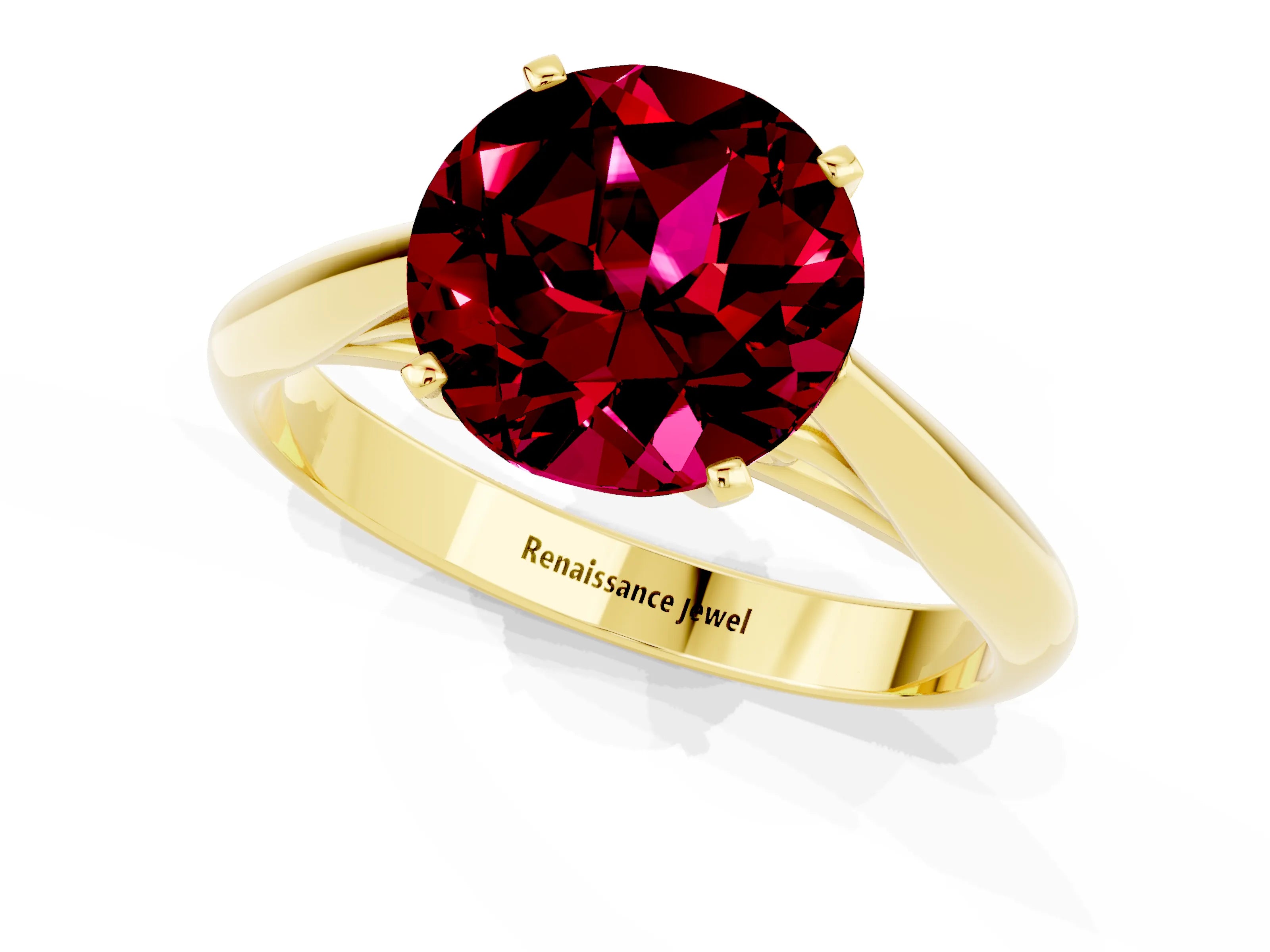 Yellow gold Round Cut Garnet Solitaire Engagement Ring with Cathedral Setting and Four-Prong Mount_13