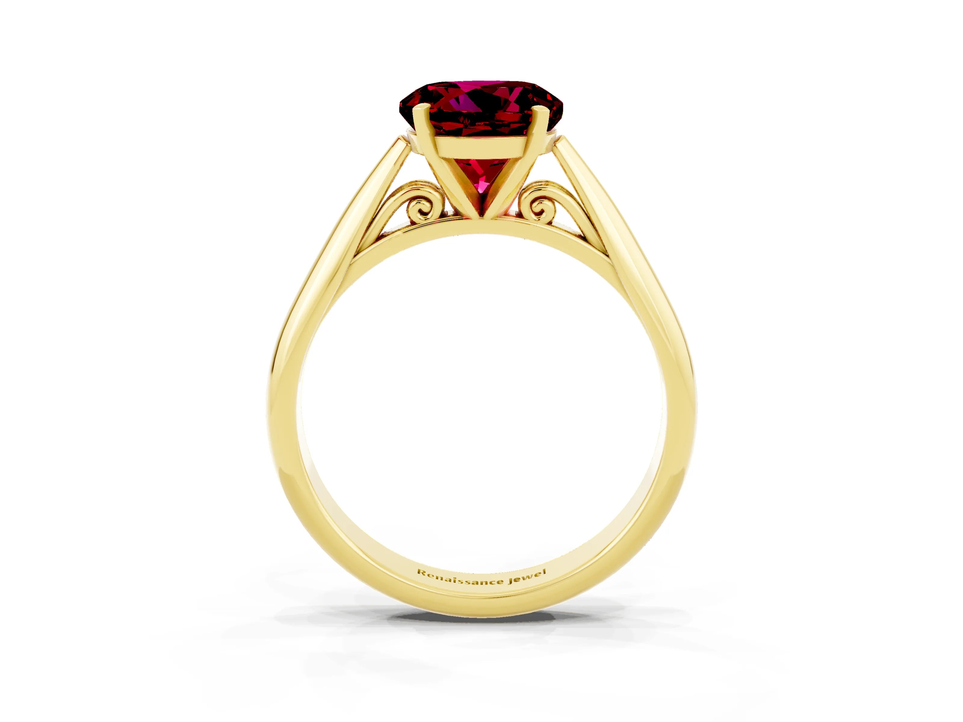 Yellow gold Round Cut Garnet Solitaire Engagement Ring with Cathedral Setting and Four-Prong Mount_15