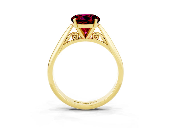 Yellow gold Round Cut Garnet Solitaire Engagement Ring with Cathedral Setting and Four-Prong Mount