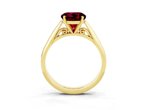 Yellow gold Round Cut Garnet Solitaire Engagement Ring with Cathedral Setting and Four-Prong Mount_15