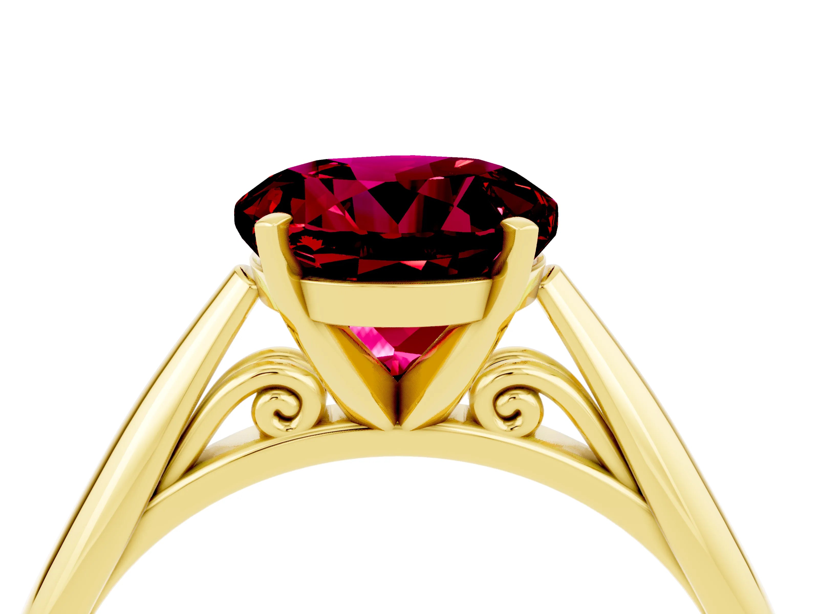 Yellow gold Round Cut Garnet Solitaire Engagement Ring with Cathedral Setting and Four-Prong Mount_16