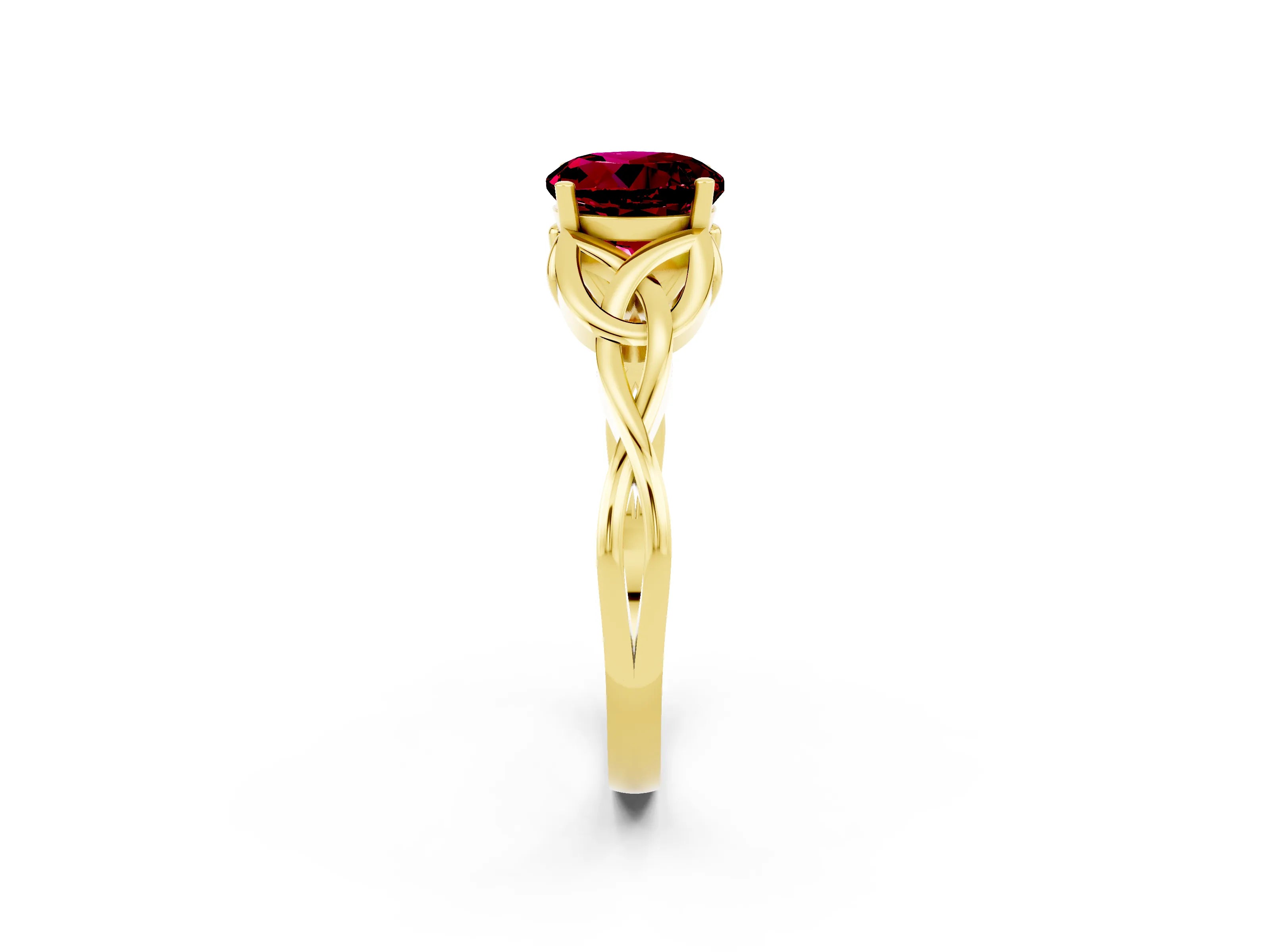 Yellow gold Round Cut Garnet Solitaire Engagement Ring with Celtic Knot Band and Four-Prong Setting_2