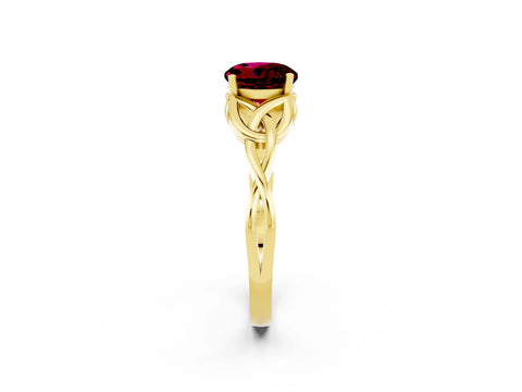 Yellow gold Round Cut Garnet Solitaire Engagement Ring with Celtic Knot Band and Four-Prong Setting_2
