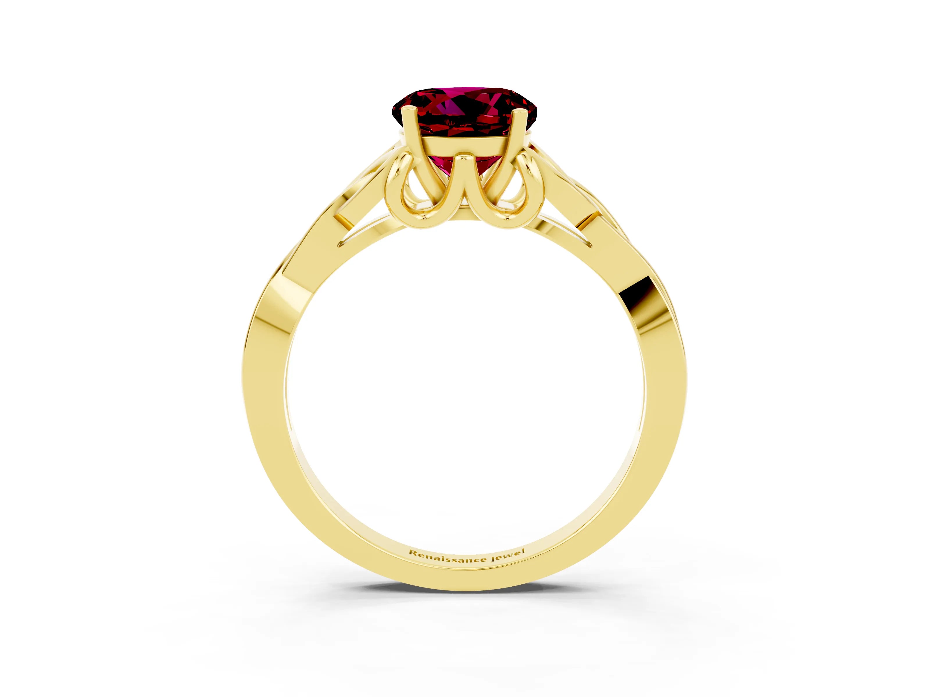 Yellow gold Round Cut Garnet Solitaire Engagement Ring with Celtic Knot Band and Four-Prong Setting_3