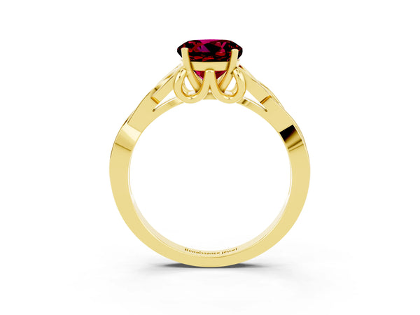 Yellow gold Round Cut Garnet Solitaire Engagement Ring with Celtic Knot Band and Four-Prong Setting