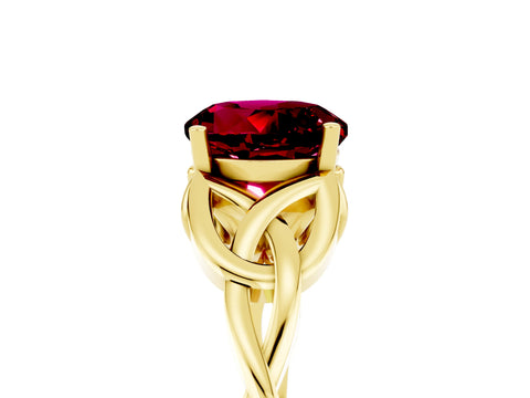 Yellow gold Round Cut Garnet Solitaire Engagement Ring with Celtic Knot Band and Four-Prong Setting_5