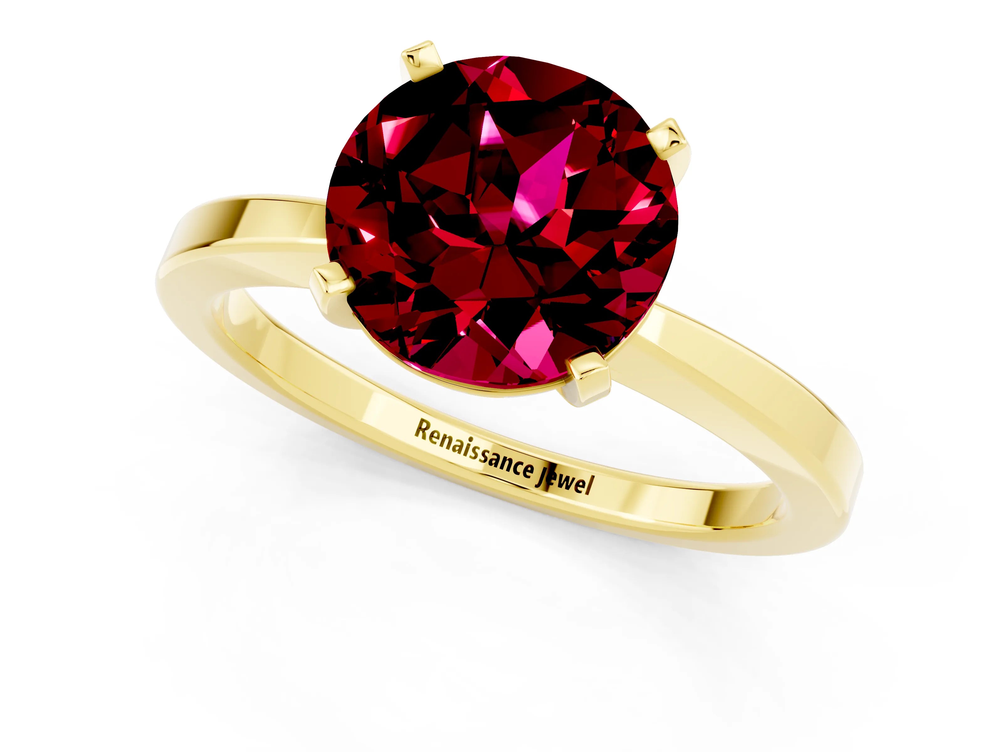 Yellow gold Round Cut Garnet Solitaire Engagement Ring with Classic Band and Four-Prong Setting_25