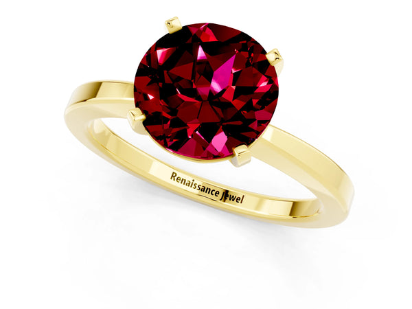 Yellow gold Round Cut Garnet Solitaire Engagement Ring with Classic Band and Four-Prong Setting