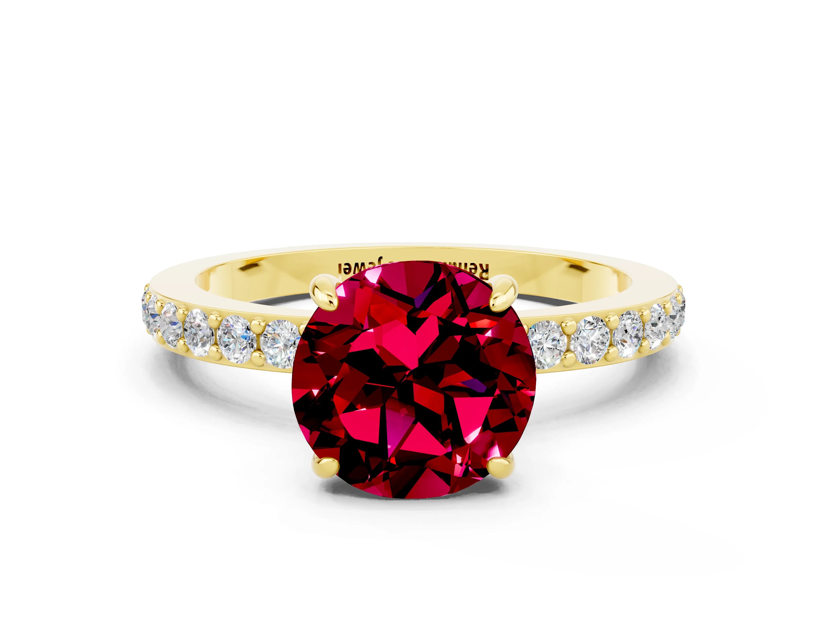 Yellow gold Round Cut Garnet Solitaire Engagement Ring with Pavé Band and Four-Prong Setting