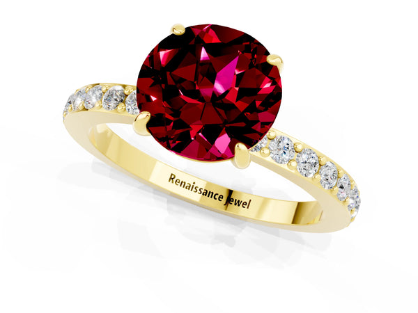 Yellow gold Round Cut Garnet Solitaire Engagement Ring with Pavé Band and Four-Prong Setting
