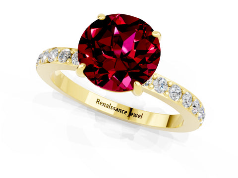 Yellow gold Round Cut Garnet Solitaire Engagement Ring with Pavé Band and Four-Prong Setting_1