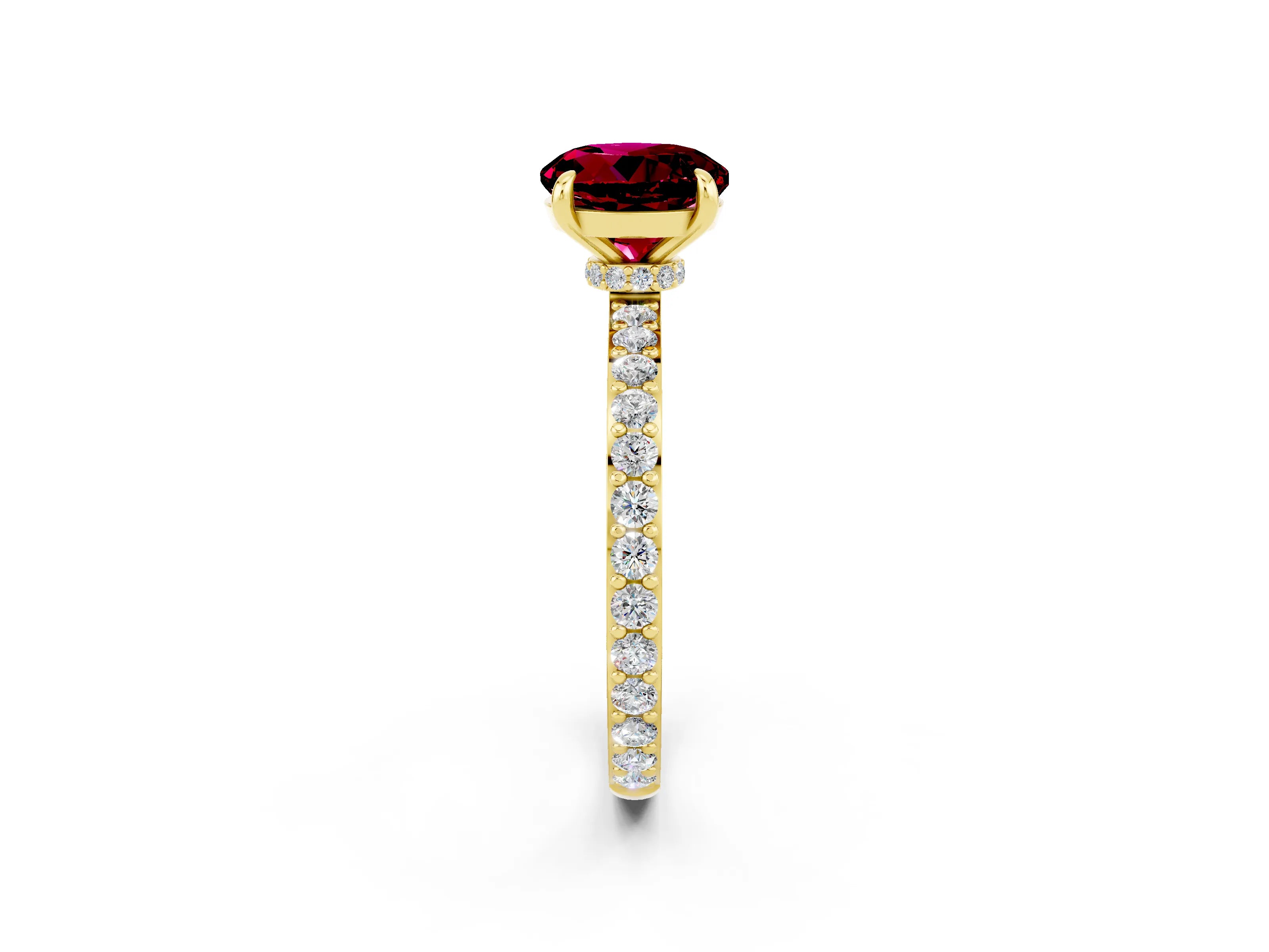 Yellow gold Round Cut Garnet Solitaire Engagement Ring with Pavé Band and Four-Prong Setting_2
