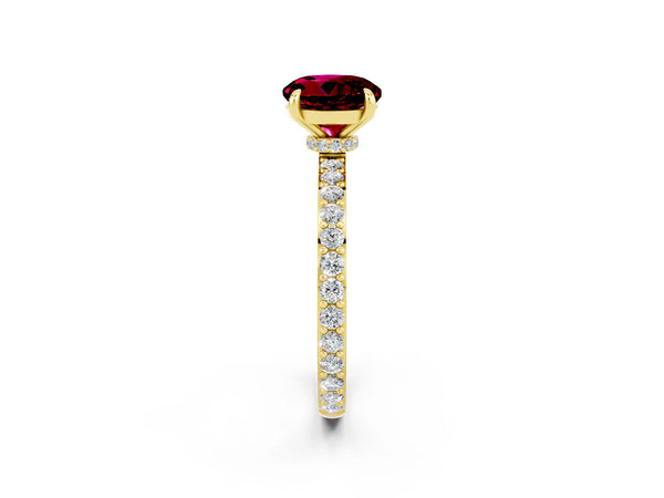 Yellow gold Round Cut Garnet Solitaire Engagement Ring with Pavé Band and Four-Prong Setting