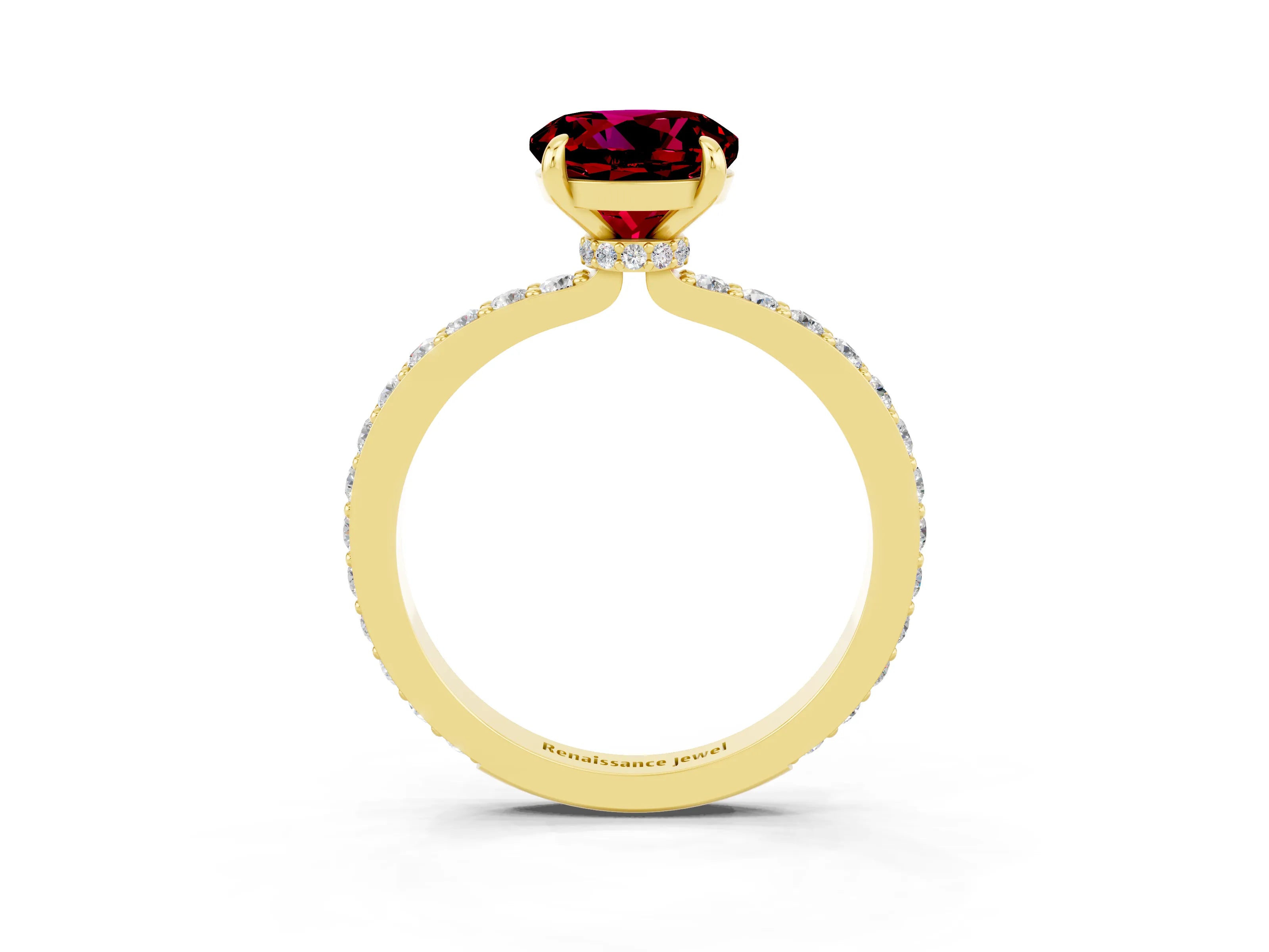 Yellow gold Round Cut Garnet Solitaire Engagement Ring with Pavé Band and Four-Prong Setting_3