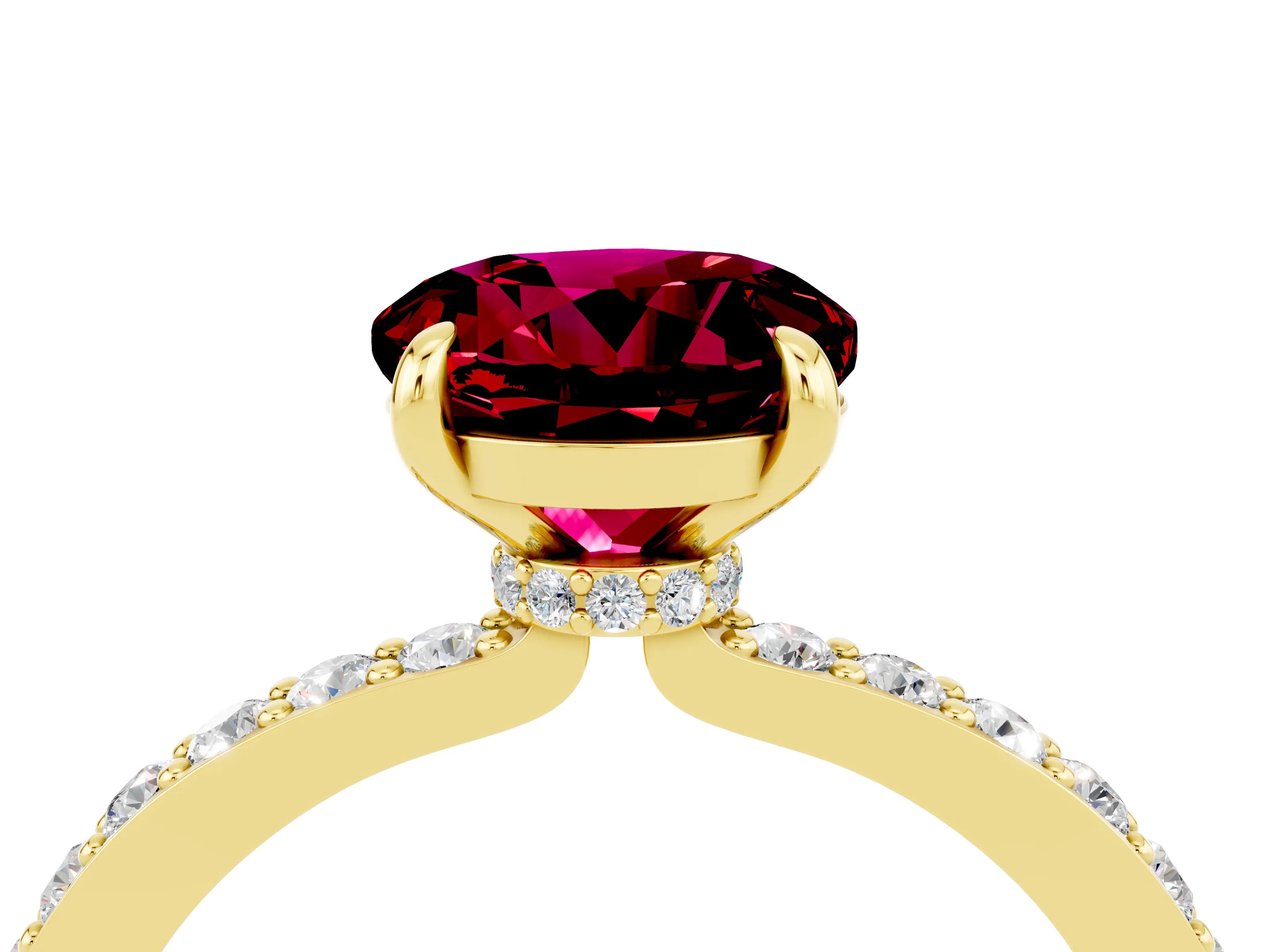 Yellow gold Round Cut Garnet Solitaire Engagement Ring with Pavé Band and Four-Prong Setting_4