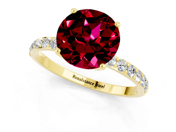 Yellow gold Round Cut Garnet Solitaire Engagement Ring with Round  Pavé Band and Prong Setting