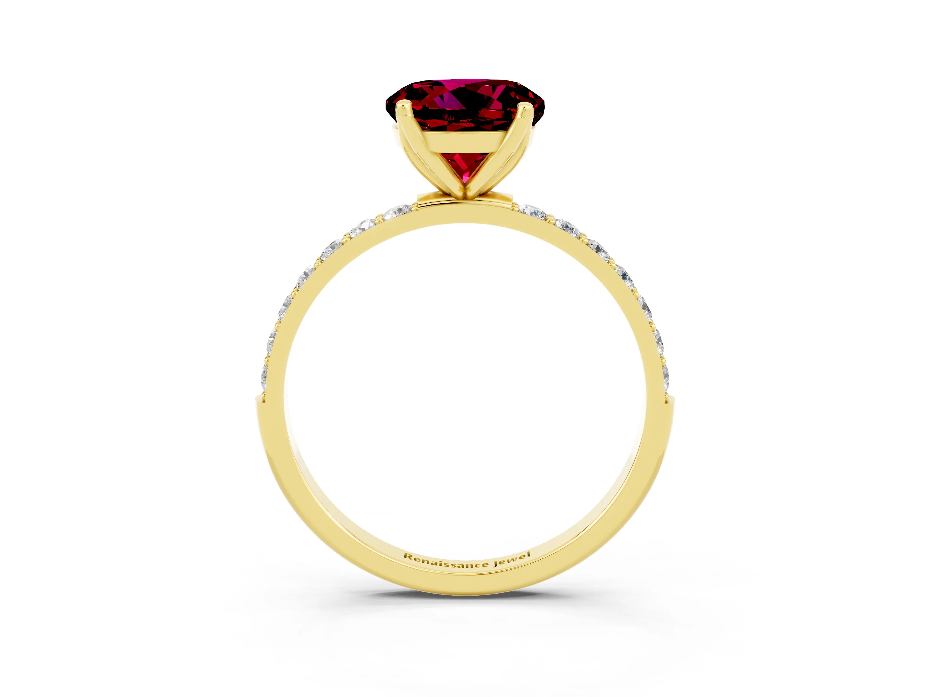 Yellow gold Round Cut Garnet Solitaire Engagement Ring with Pavé Band and Prong Setting_3