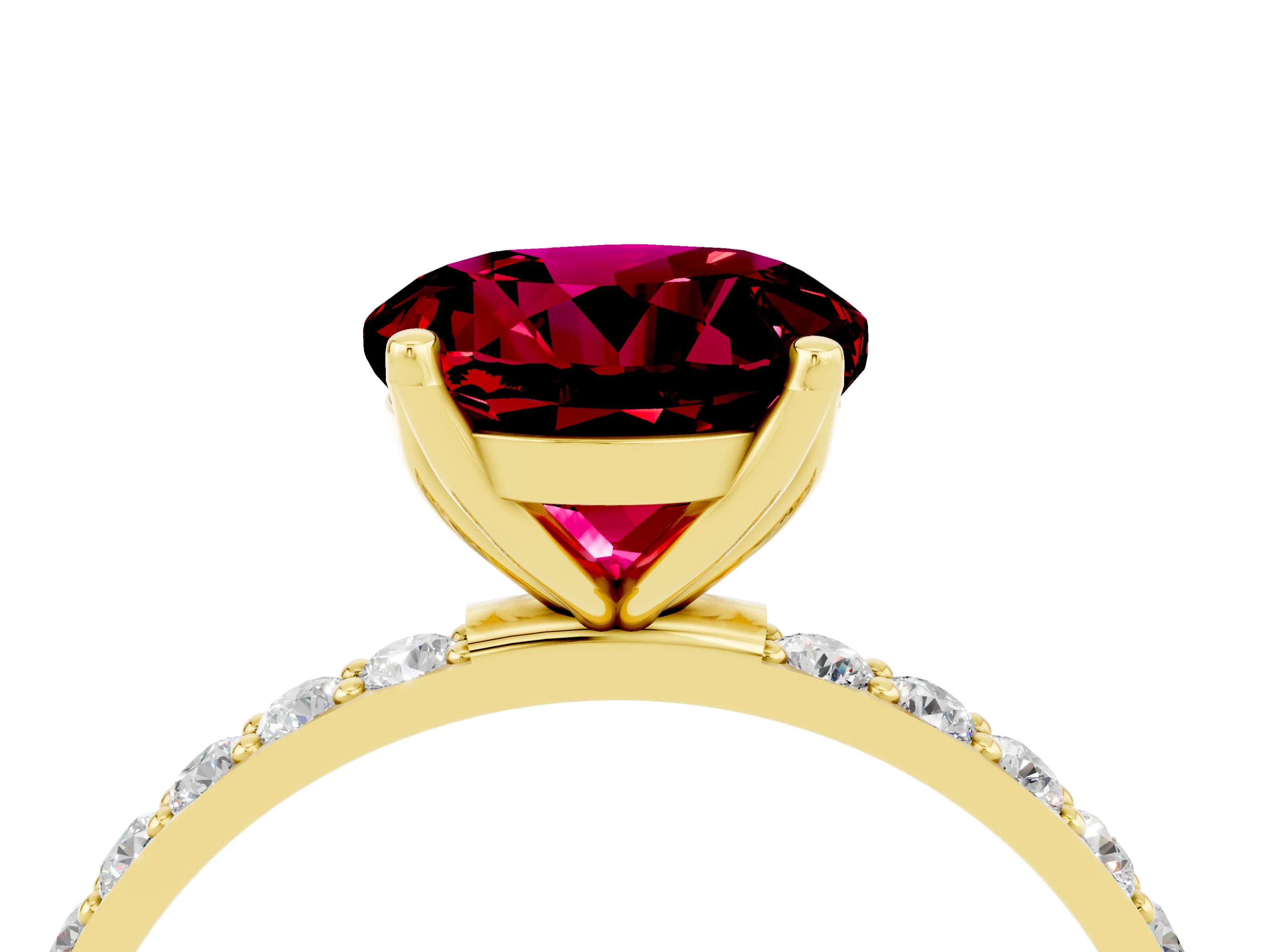 Yellow gold Round Cut Garnet Solitaire Engagement Ring with Pavé Band and Prong Setting_4