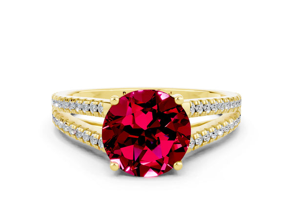 Yellow gold Round Cut Garnet Solitaire Engagement Ring with Split Shank Pavé Band