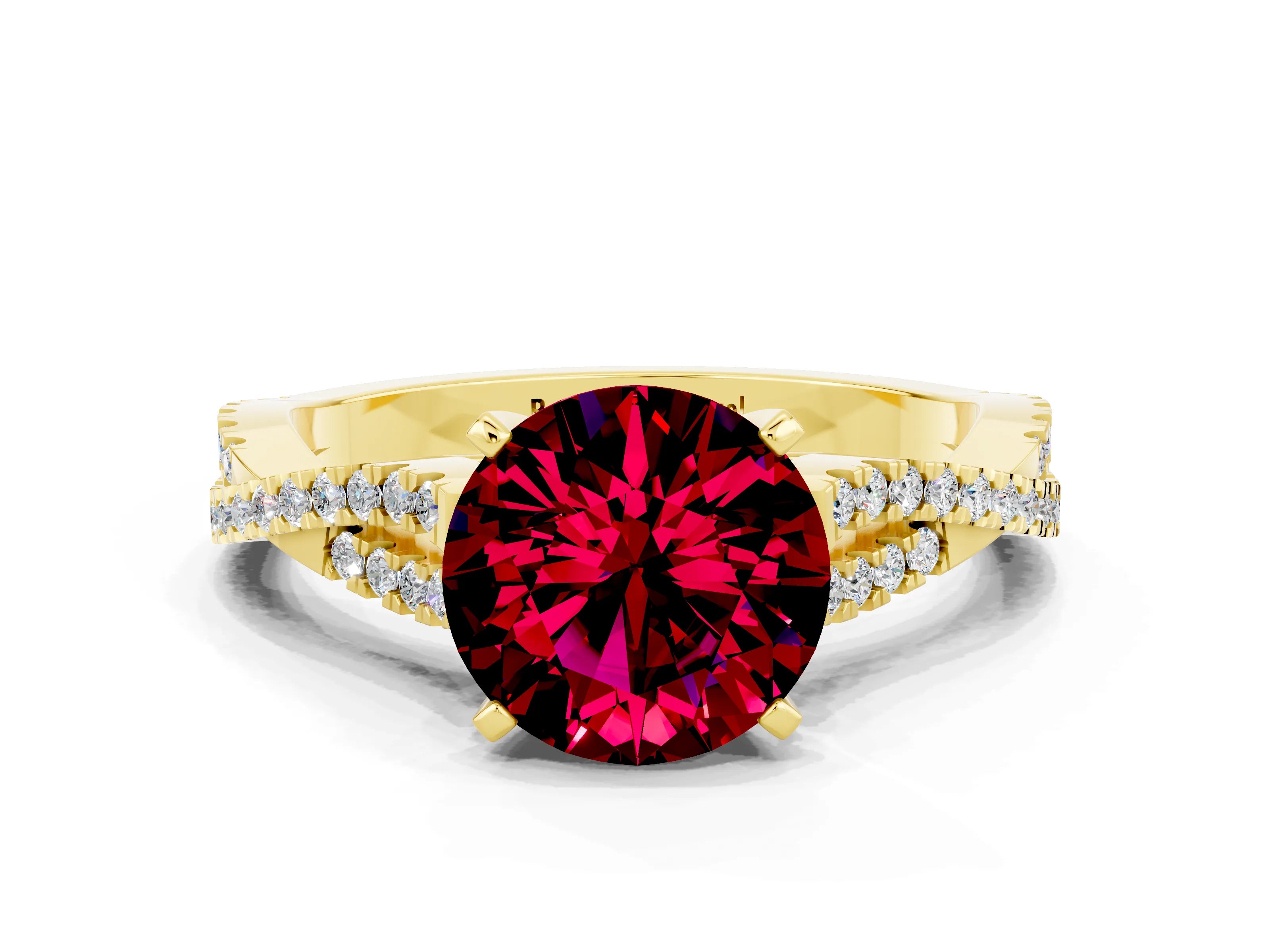 Yellow gold Round Cut Garnet Solitaire Engagement Ring with Twisted Pavé Band and Four-Prong Setting_12
