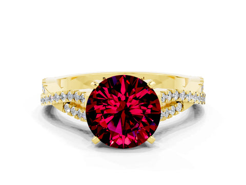 Yellow gold Round Cut Garnet Solitaire Engagement Ring with Twisted Pavé Band and Four-Prong Setting_12