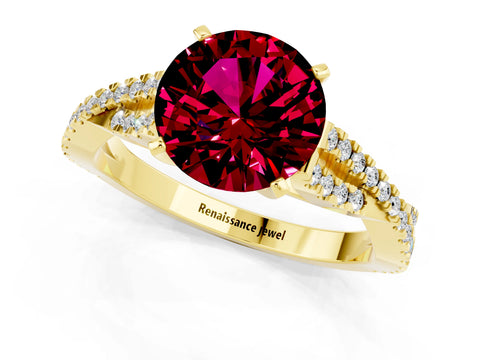 Yellow gold Round Cut Garnet Solitaire Engagement Ring with Twisted Pavé Band and Four-Prong Setting_13