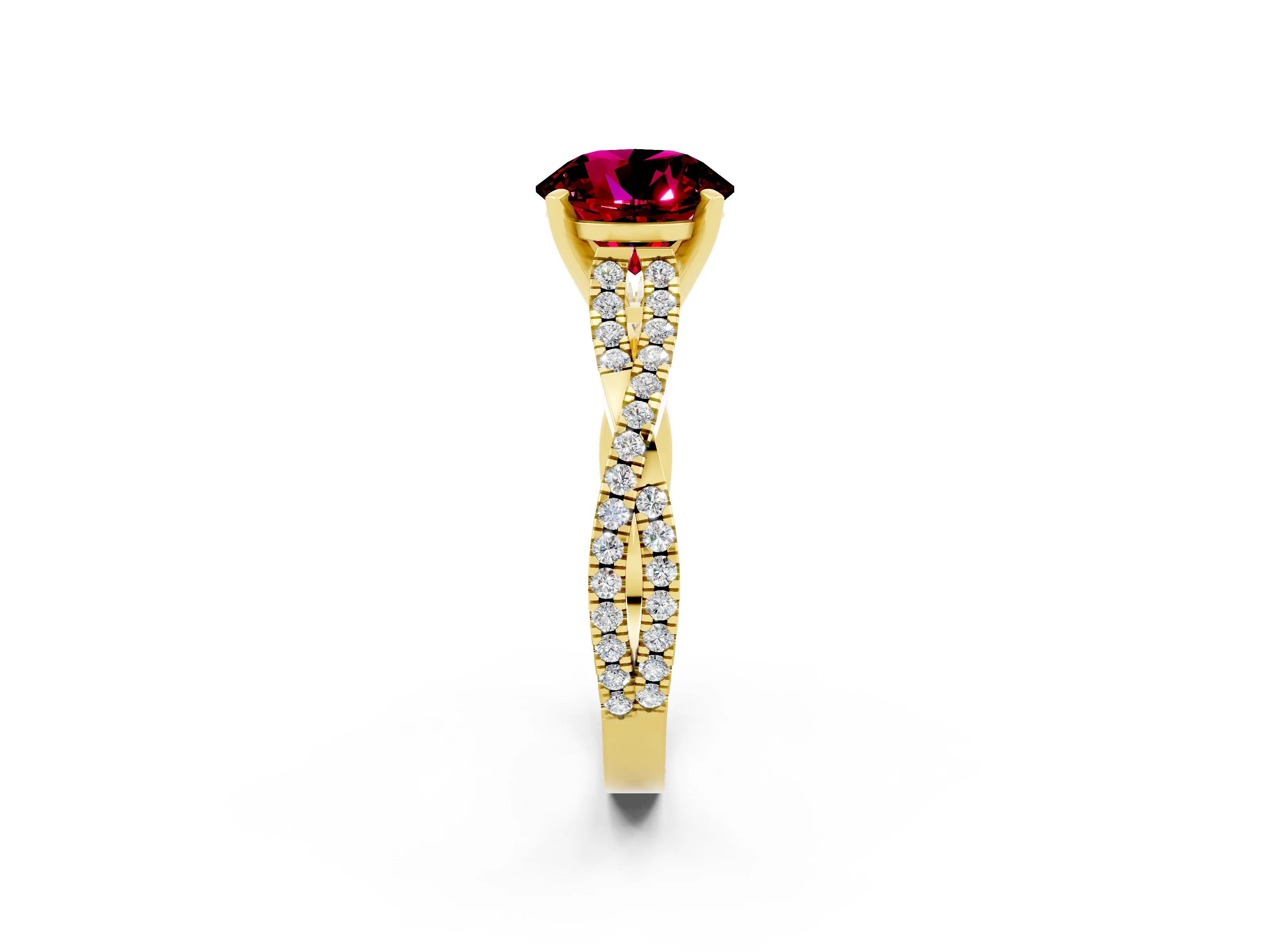 Yellow gold Round Cut Garnet Solitaire Engagement Ring with Twisted Pavé Band and Four-Prong Setting_14