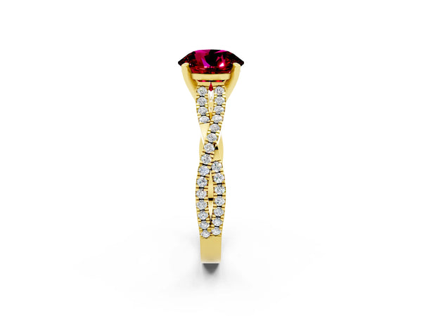 Yellow gold Round Cut Garnet Solitaire Engagement Ring with Twisted Pavé Band and Four-Prong Setting