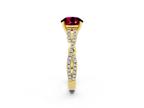 Yellow gold Round Cut Garnet Solitaire Engagement Ring with Twisted Pavé Band and Four-Prong Setting_14