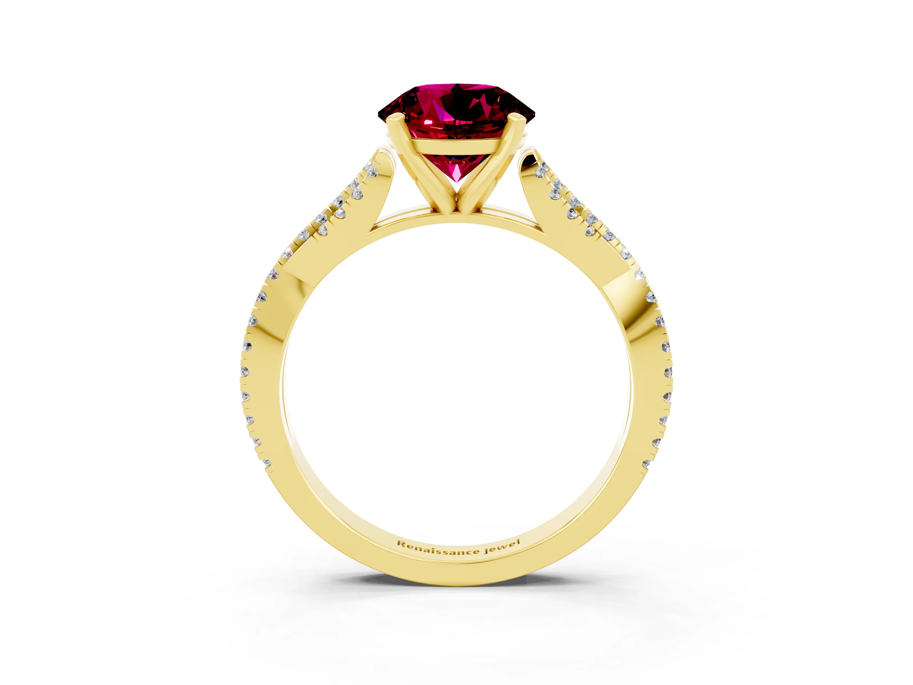 Yellow gold Round Cut Garnet Solitaire Engagement Ring with Twisted Pavé Band and Four-Prong Setting_15