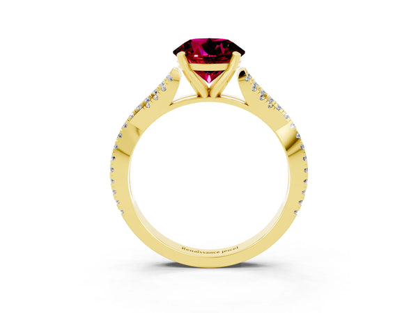 Yellow gold Round Cut Garnet Solitaire Engagement Ring with Twisted Pavé Band and Four-Prong Setting