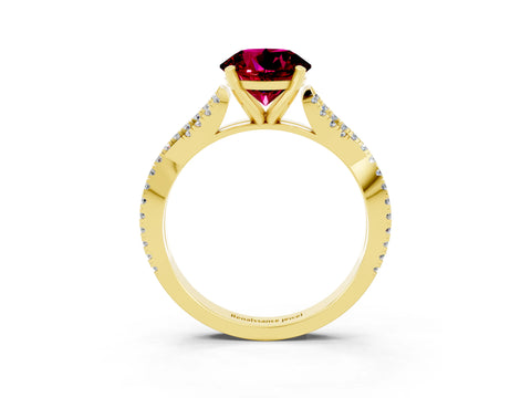 Yellow gold Round Cut Garnet Solitaire Engagement Ring with Twisted Pavé Band and Four-Prong Setting_15