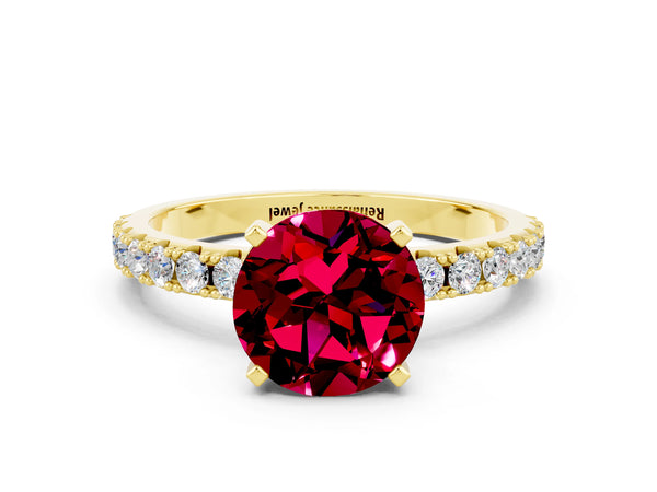 Yellow gold Round Cut Garnet Solitaire Pavé Band with Four-Prong Setting