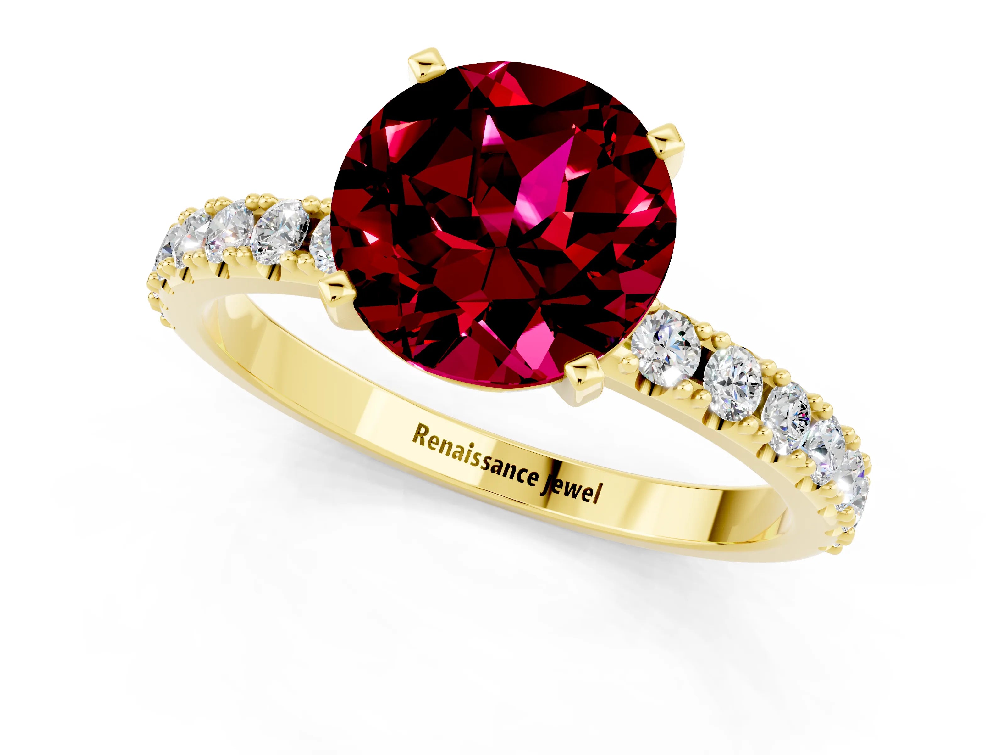 Yellow gold Round Cut Garnet Solitaire Pavé Band with Four-Prong Setting_1