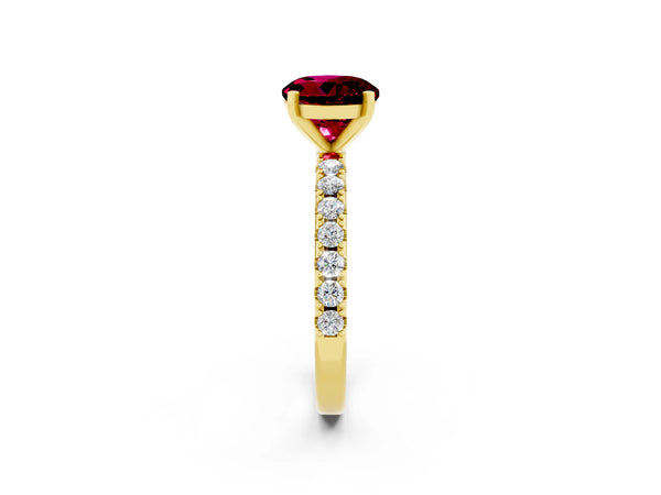 Yellow gold Round Cut Garnet Solitaire Pavé Band with Four-Prong Setting