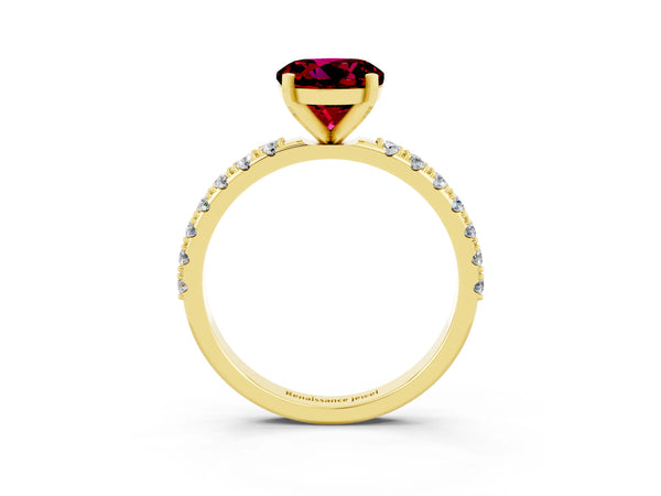 Yellow gold Round Cut Garnet Solitaire Pavé Band with Four-Prong Setting