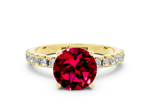 Yellow gold Round Cut Garnet Solitaire Pavé Band with Four-Prong Setting