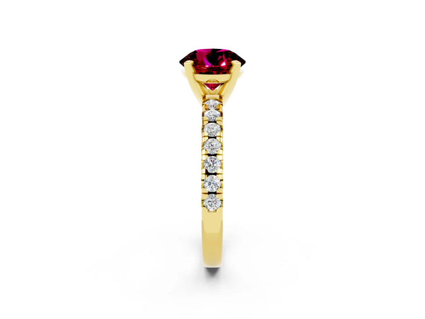 Yellow gold Round Cut Garnet Solitaire Pavé Engagement Ring with Round Band and Prong Setting
