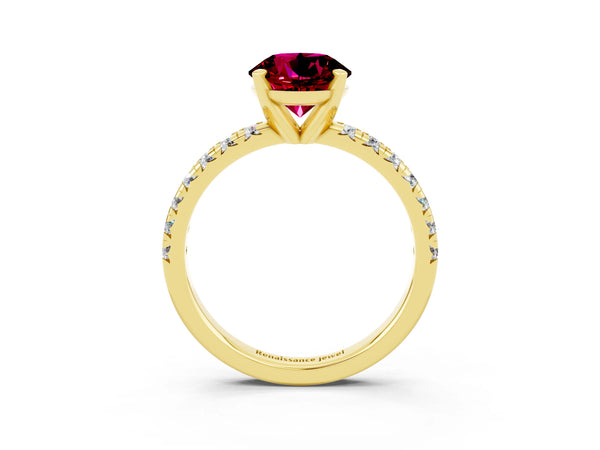 Yellow gold Round Cut Garnet Solitaire Pavé Engagement Ring with Round Band and Prong Setting