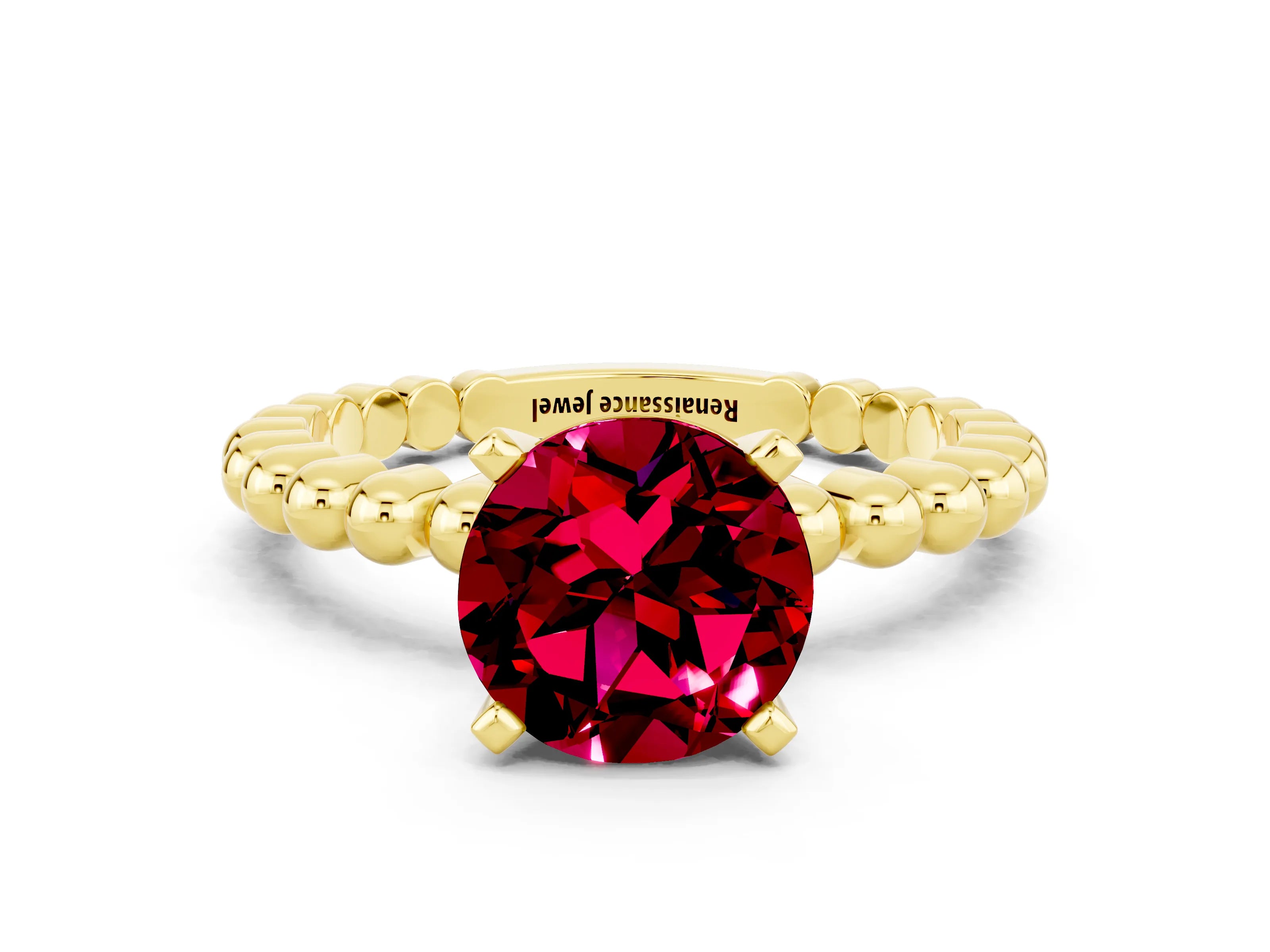 Yellow gold Round Cut Garnet Solitaire Ring with Beaded Band and Prong Setting