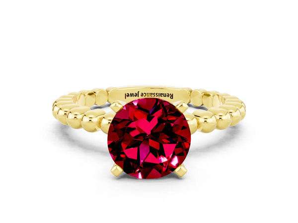 Yellow gold Round Cut Garnet Solitaire Ring with Beaded Band and Prong Setting