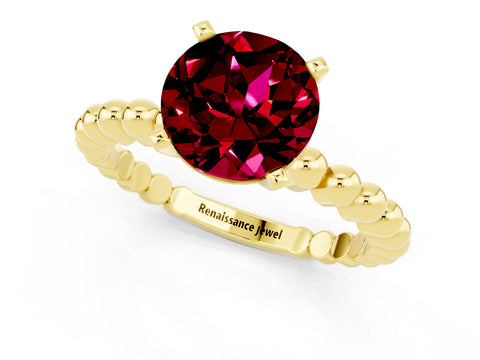 Yellow gold Round Cut Garnet Solitaire Ring with Beaded Band and Prong Setting_1