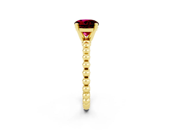 Yellow gold Round Cut Garnet Solitaire Ring with Beaded Band and Prong Setting