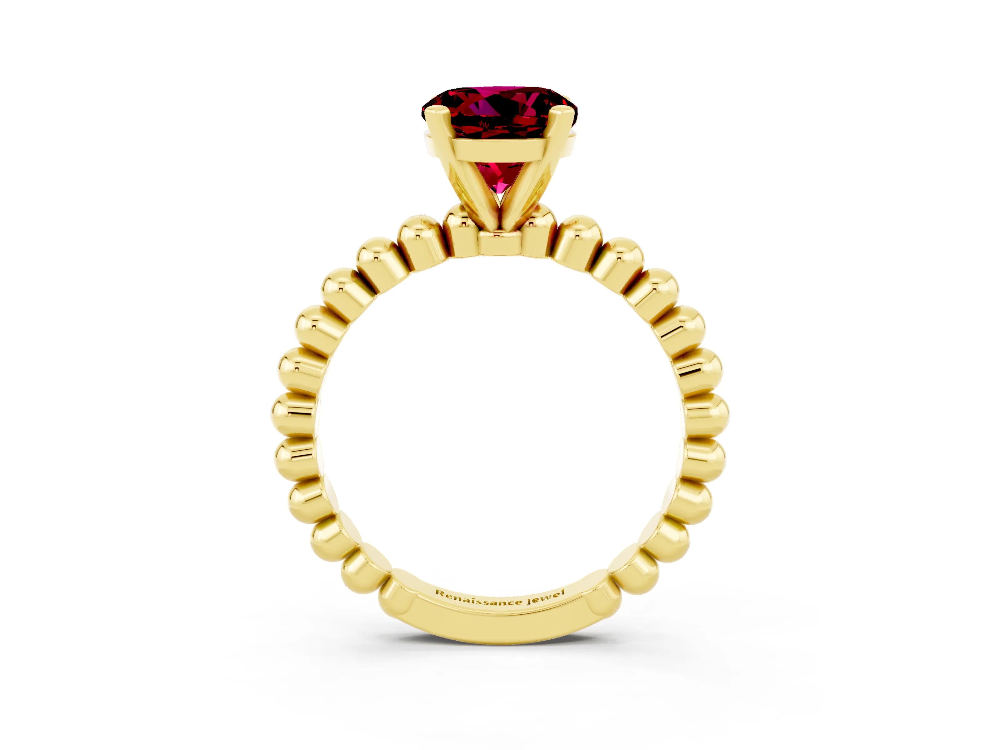 Yellow gold Round Cut Garnet Solitaire Ring with Beaded Band and Prong Setting_3