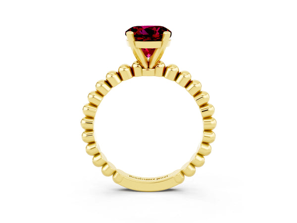 Yellow gold Round Cut Garnet Solitaire Ring with Beaded Band and Prong Setting