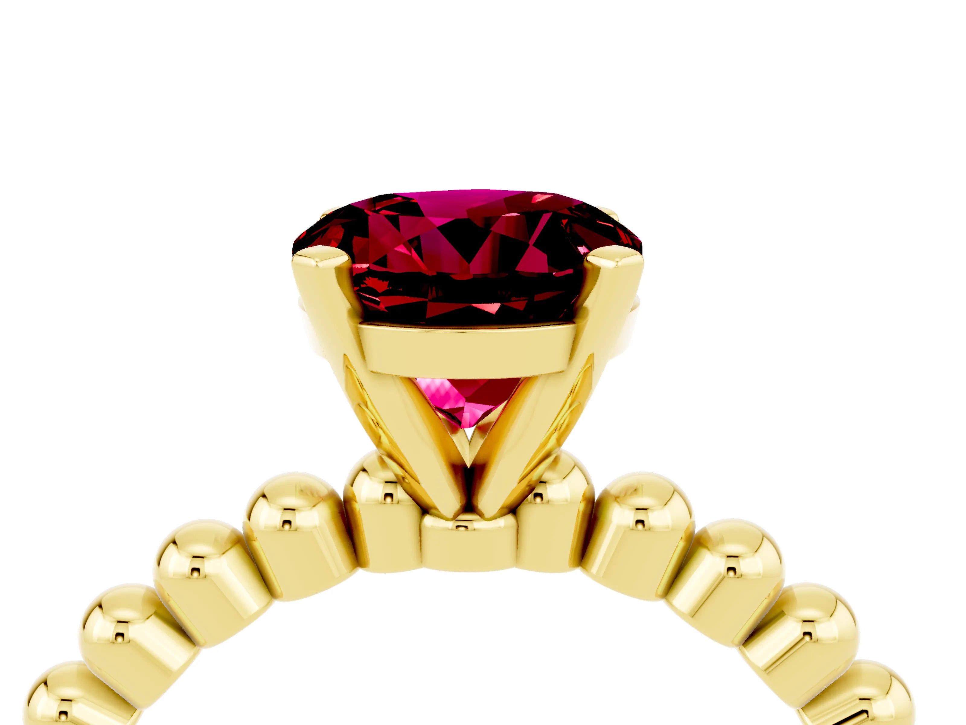 Yellow gold Round Cut Garnet Solitaire Ring with Beaded Band and Prong Setting_4