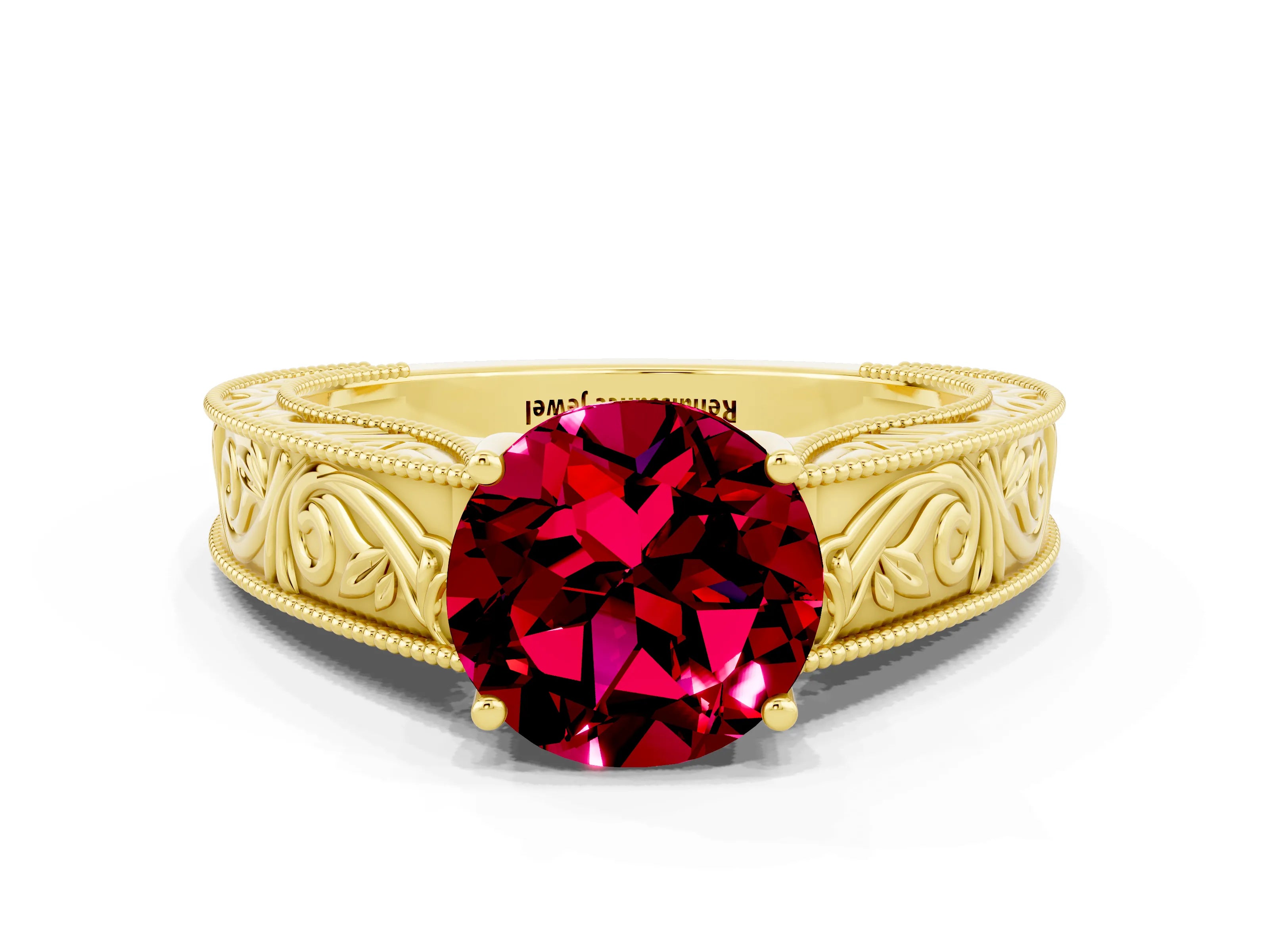 Yellow gold Round Cut Garnet Solitaire Ring with Engraved Band and Four-Prong Setting