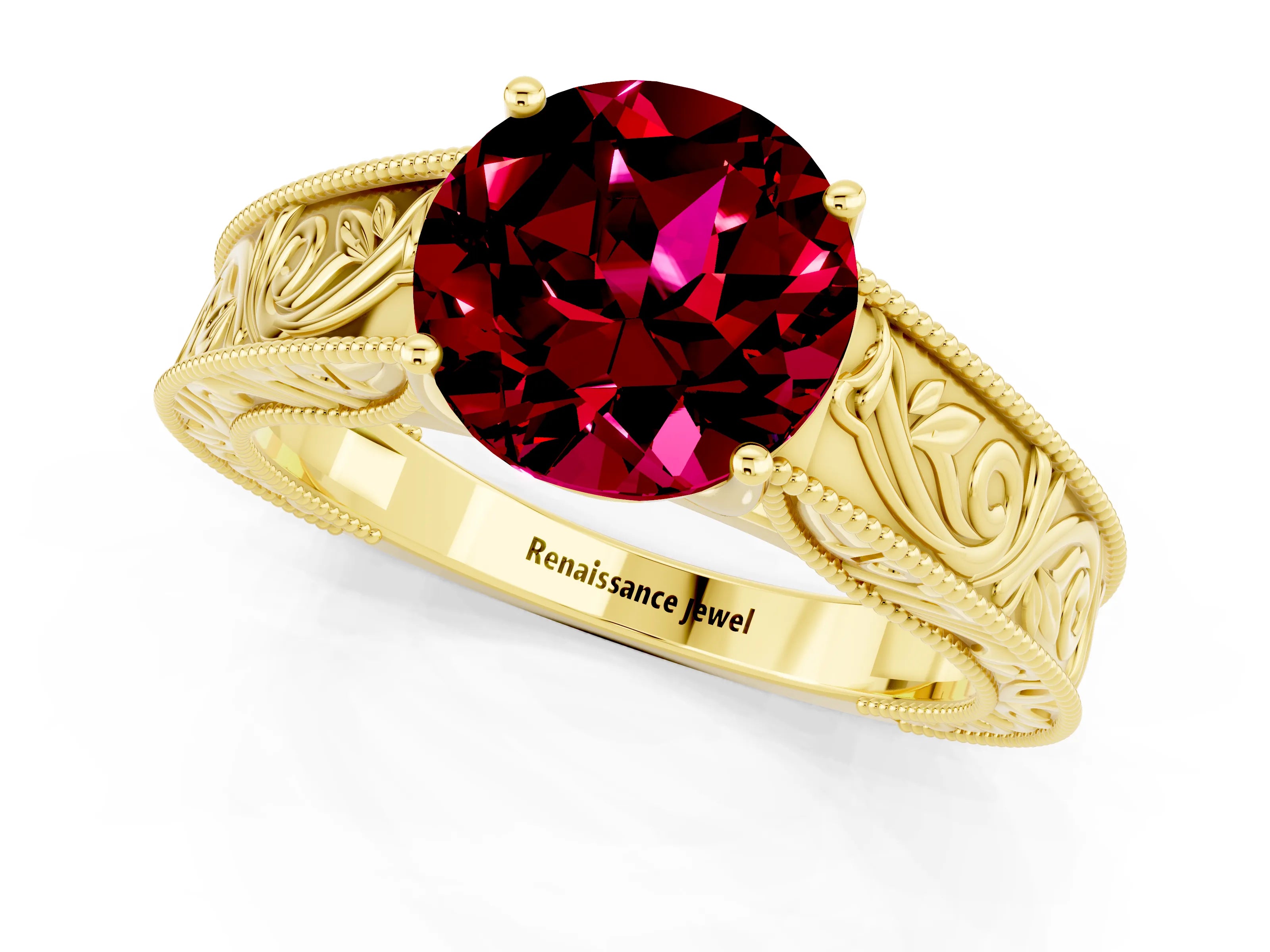 Yellow gold Round Cut Garnet Solitaire Ring with Engraved Band and Four-Prong Setting_1