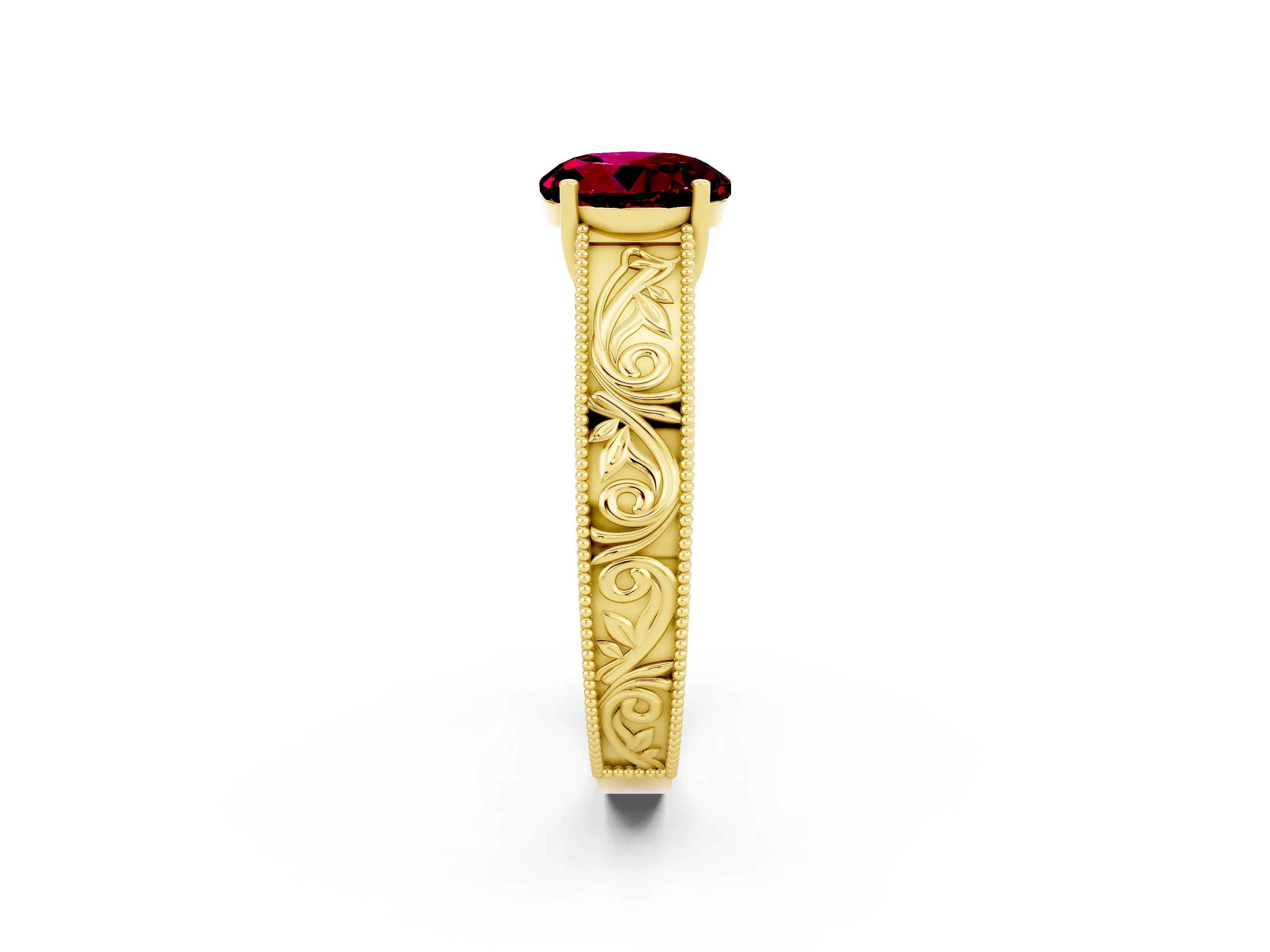 Yellow gold Round Cut Garnet Solitaire Ring with Engraved Band and Four-Prong Setting_2
