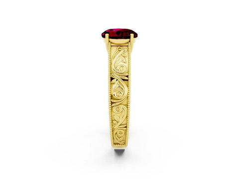 Yellow gold Round Cut Garnet Solitaire Ring with Engraved Band and Four-Prong Setting_2